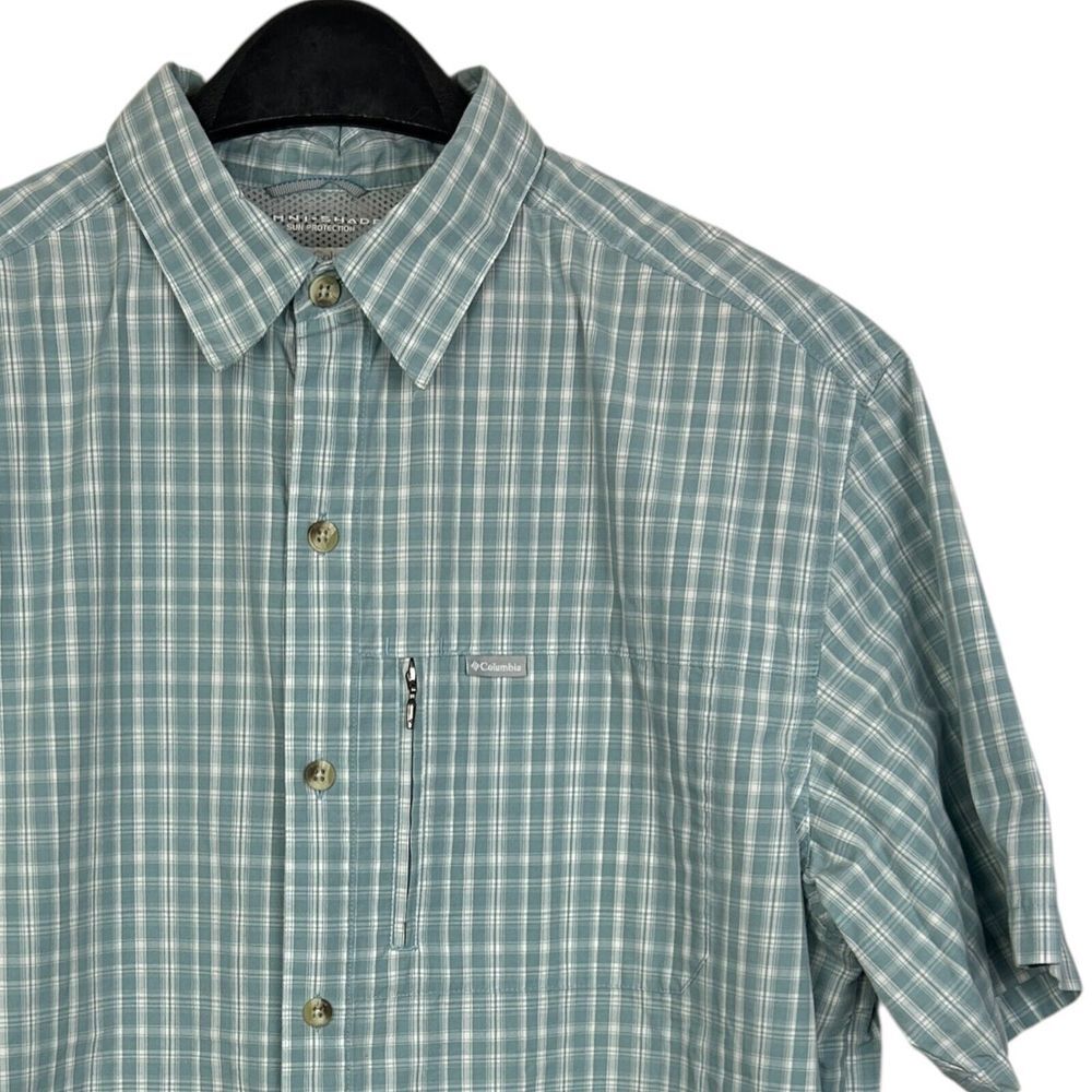 Columbia Mens Large Omni Shade Sun Protection Vented Wicking Hiking‎ Blue Plaid